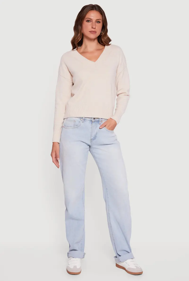 V-Neck Long Sleeve Sweater – Brushed Knit Comfort Fit 1