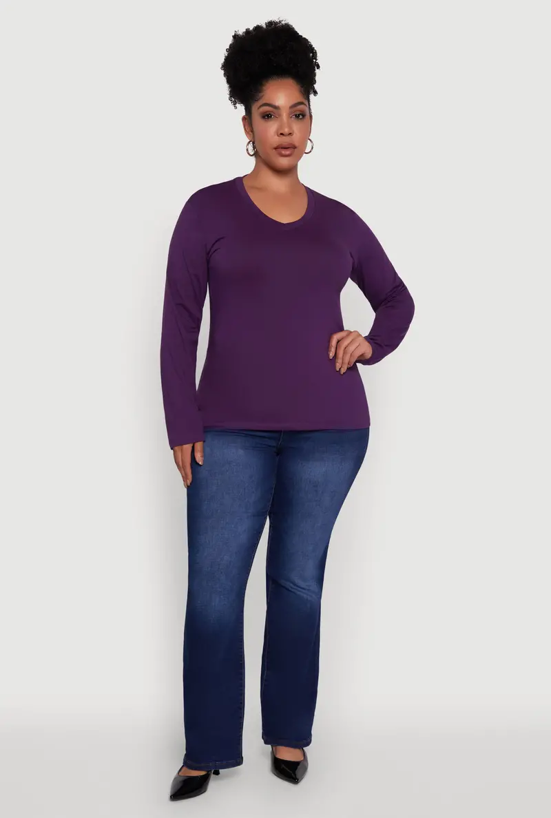 V-Neck Long Sleeve T-Shirt – Soft Knit, Extended Sizes 1