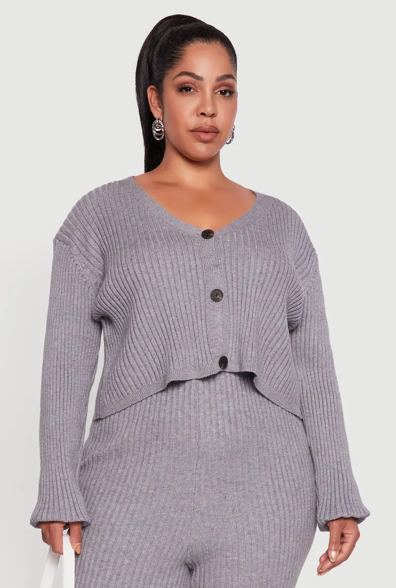 V-Neck Ribbed-Knit Cardigan With Button-Front Design – Plus Size 1