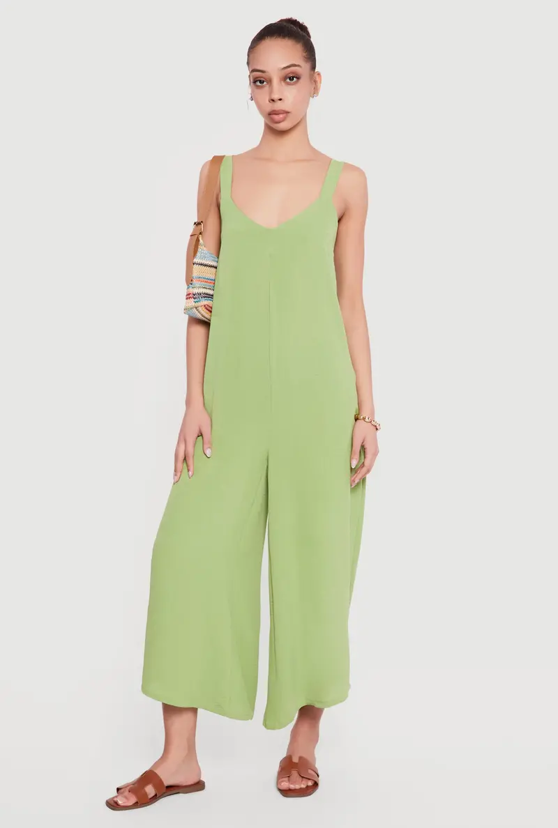 V-Neck Sleeveless Crepe Knit Wide-Leg Jumpsuit 1