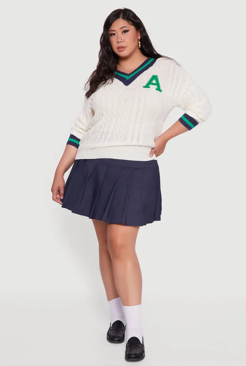 Varsity-Stripe Cable Knit Sweater – Extended Sizes 1