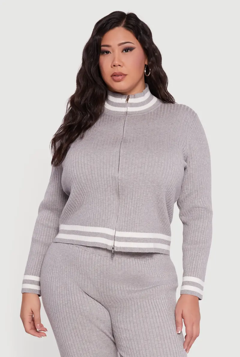 Varsity-Stripe Zip-Front Sweater In Ribbed Knit 1
