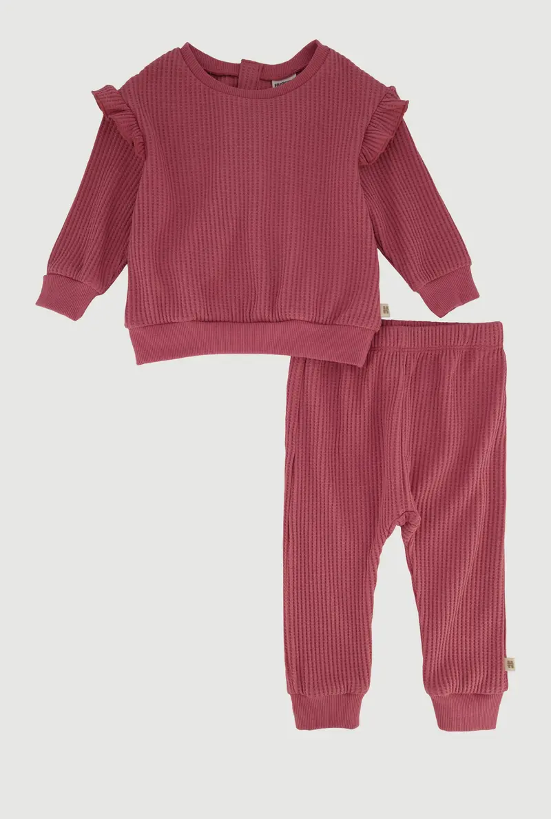 Waffle Knit Thermal Tee With Ruffle Detail & Matching Pants (12–24 Months) 1
