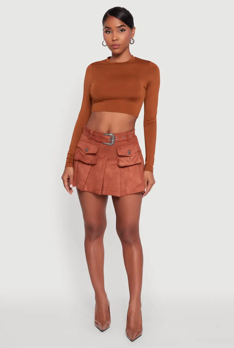 Western-Style Faux Suede Pleated Cargo Skirt With Buckle Belt 1