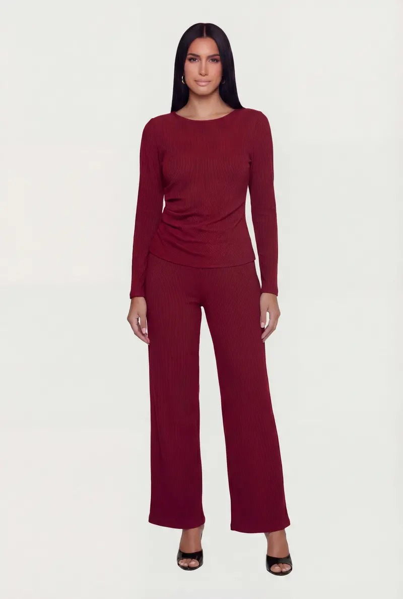 Wide-Leg Pull-On Trousers In Ribbed Knit Fabric 1