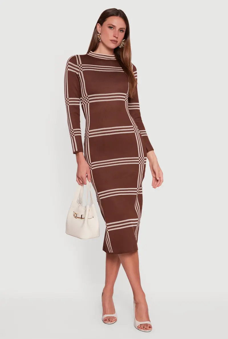 Windowpane Plaid Long-Sleeve Sweater Dress With Back Slit 1
