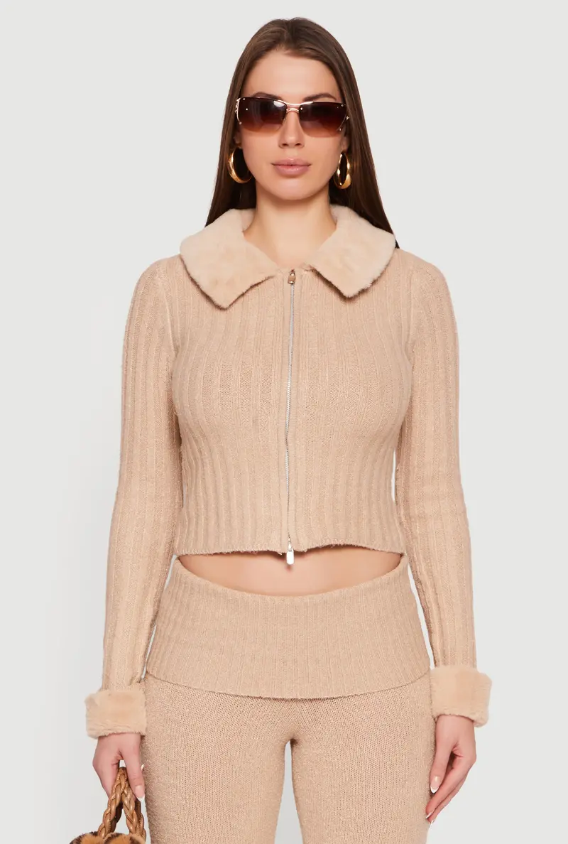 Zip-Front Cardigan With Detachable Faux Fur Collar And Cuffs 1