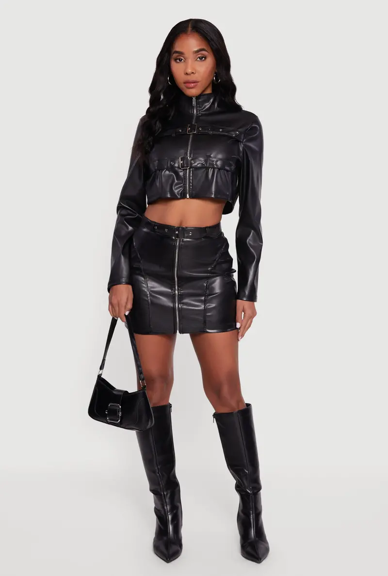 Zip-Front Mini Faux Leather Skirt – Adjustable Belt 1