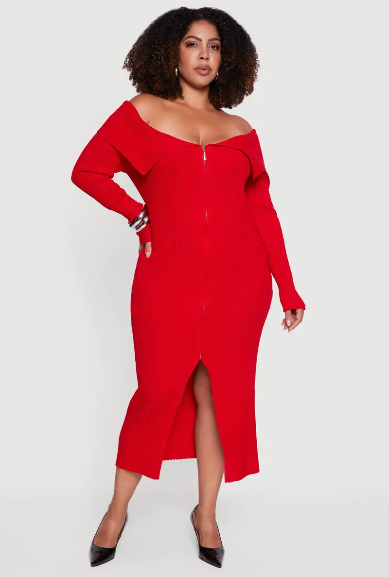 Zip-Front Off-The-Shoulder Dress – Plus Size 1